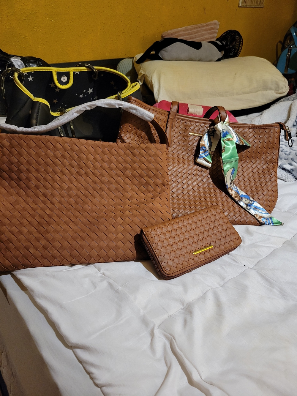 Woven Brown Womens Tote Bag Set with Matching Wallet